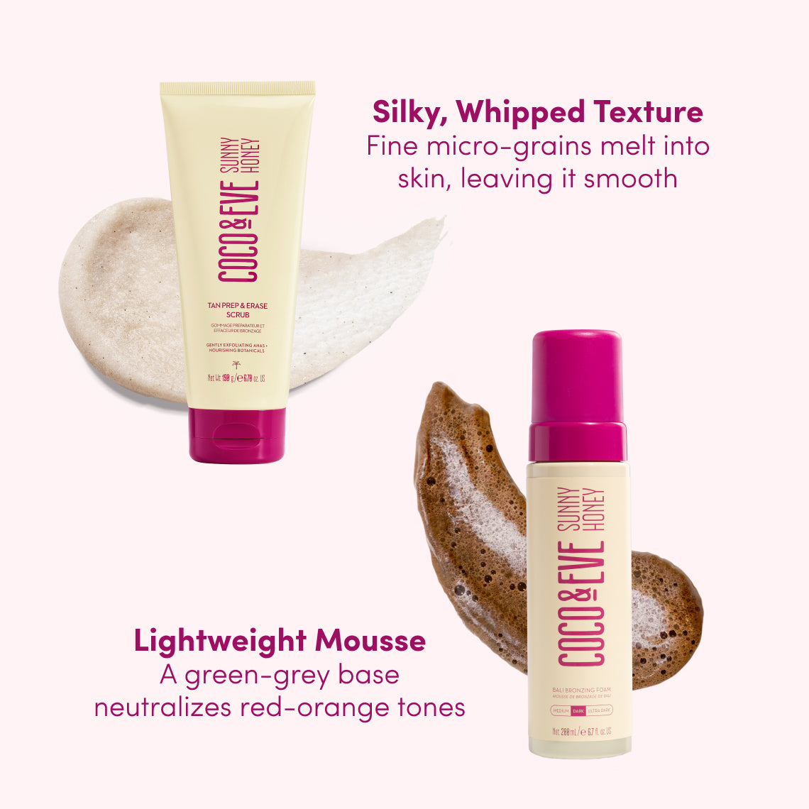 Two cosmetic products from Coco & Eve Beauty are displayed on a pale pink background with descriptive text and texture swatches. On the left is a pale yellow tube of Tanning & Enzyme Scrub with a magenta cap, shown with a beige cream swatch.
