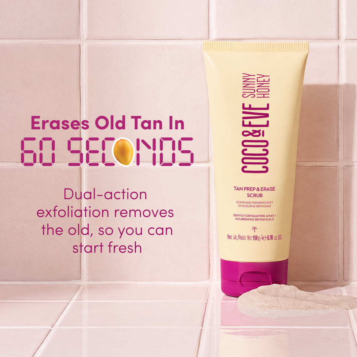 Coco & Eve Sunny Honey Tan Prep & Erase Scrub in a pale yellow squeeze tube with a magenta cap, set against a pink tiled background with promotional text.